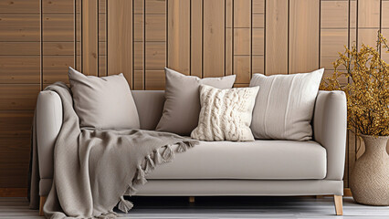 Gray sofa with blanket and fur pillow. Scandinavian style interior design of modern living room. Generative AI