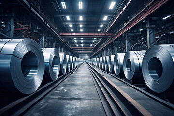 Rolls of galvanized steel sheet inside the factory or warehouse - obrazy, fototapety, plakaty