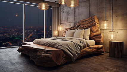 Rustic interior design of modern bedroom with wooden bed and forest view. Generative AI