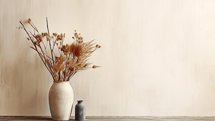 Vase on the wooden table with bouquet of dried flowers near empty, blank wall. Home interior background with copy space.