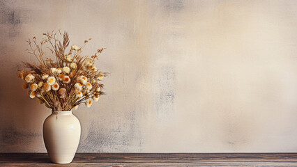 Vase on the wooden table with bouquet of dried flowers near empty, blank wall. Home interior background with copy space.