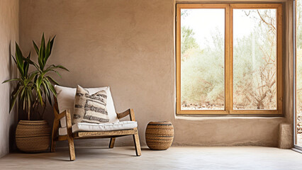Lounge chair near the window against the beige stucco wall. Rustic interior design of modern living room in country house with a lot of sunlights. Generative AI
