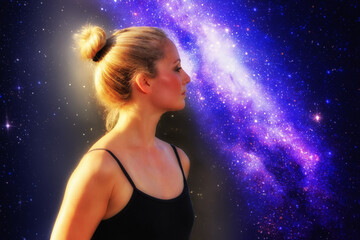 a young woman looks dreamily at the stars (photo,Generative AI)
