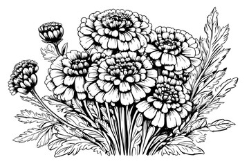 sketch drawn bouquet of flowers Calendula officinalis or marigold - obrazy, fototapety, plakaty