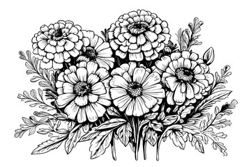 sketch drawn bouquet of flowers Calendula officinalis or marigold