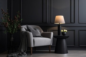 wall panels and a black side table in minimalistic interior design composition