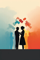 Silhouette of a couple in love and floating hearts. Happy Valentine's Day concept.