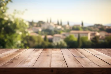 Foto op Aluminium Empty wooden table top, blurred italian village background. Wood podium for presentation product. Horizontal farm banner, generated by AI © SD Danver