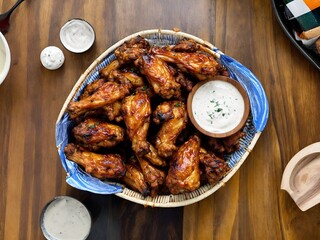 A basket of freshly grilled wings, served with a side of creamy ranch dressing.