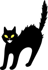Halloween illustration element of spooky hissing and intimidating black cat with yellow eyes, tail sticking. funny, fun and cute background material