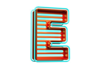 Metal box with luminous strips in the shape of the letter E in orange and blue. Attractive colorful neon font. High quality 3D rendering.