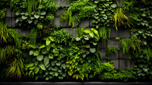 Experience the innovative beauty of a vertical garden wall lush with a variety of leafy greens. This photograph captures the modernity and sustainability of urban gardening.