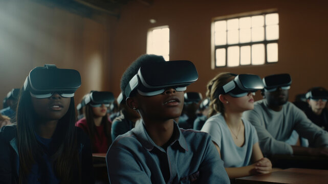 Diverse Group of Students Immersed in Learning: Engaging with AR Educational Content Through VR Goggles in a Modern Classroom Setting for an Enhanced Experience.