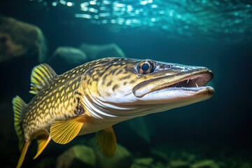 Pike fish underwater close up view. Big freshwater predator. Fishing banner generated by AI