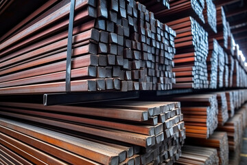 Metal profile Steel bar in packs at the warehouse of metal products