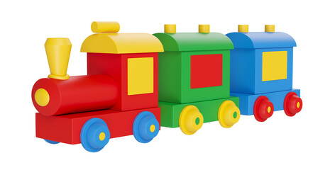 Colorful children's train in on transparent background in 3d render cartoon illustration