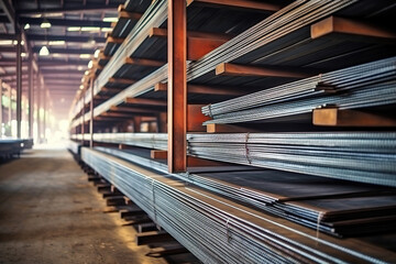 Metal profile Steel bar in packs at the warehouse of metal products