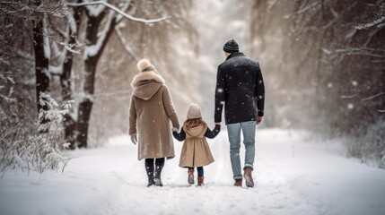 Family of father, mother and daughter walking through the snow with their backs to each other