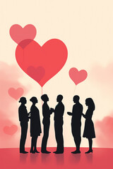 Silhouette of diverse couples in love and floating hearts. Happy Valentine's Day concept.