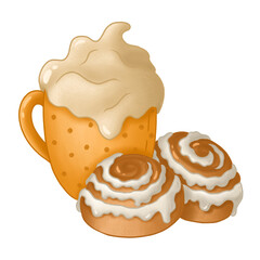 cup of coffee and cookies, cocoa with Cinnabons, autumn food, isolated on white, transparent background

