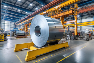 galvanized steel coil inside factory or warehouse. - obrazy, fototapety, plakaty