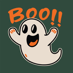Vector Cartoon Halloween Ghost with word boo, t-shirt illustration