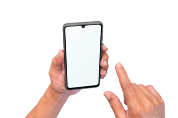 A man's right-hand holds a smartphone. And the right hand is touching the screen. Tilt angle. Blank screen for additional user interface. Isolated image.