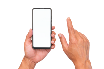 A man's right hand holds a smartphone. And the right hand is touching the screen. Blank screen for additional user interface. Isolated image.