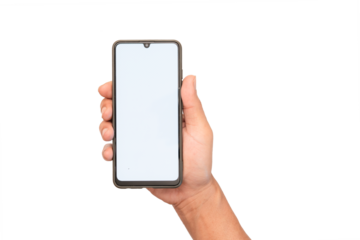 Man's right hand holds a smartphone in a stand. Blank screen for additional user interface. Isolated image.