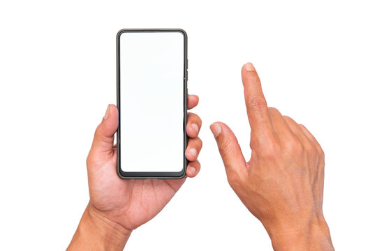 A man's right hand holds a smartphone. And the right hand is touching the screen. Blank screen for additional user interface. Isolated image.