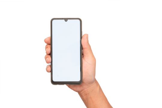 Man's right hand holds a smartphone in a stand. Blank screen for additional user interface. Isolated image.