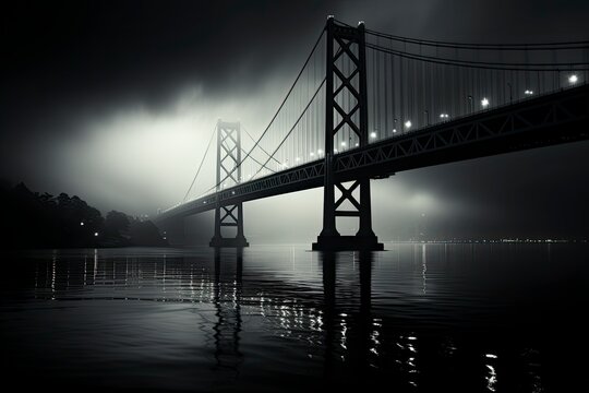 A dramatic black and white image of a long, narrow suspension bridge, capturing its stark beauty and engineering marvel.