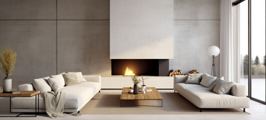 Minimalist style interior design of modern living room with fireplace and concrete walls, Loft style, with copy space