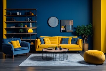 A large, well-designed living room with blue and yellow tones, featuring a dark blue wall and a vibrant yellow sofa with mustard undertones. The space showcases a modern interior. Generative AI