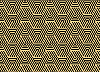 Abstract geometric pattern with stripes, lines. Seamless vector background. Gold and black ornament. Simple lattice graphic design