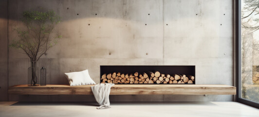 Rustic wood tree bench minimalist style interior design of modern living room with fireplace and concrete walls, Loft style, with copy space