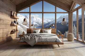Luxury bedroom Interior with wooden floor and great views winter season,