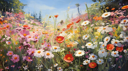 A Bed of Blooming Summer Flowers is a painting showing a bed of summer flowers - obrazy, fototapety, plakaty