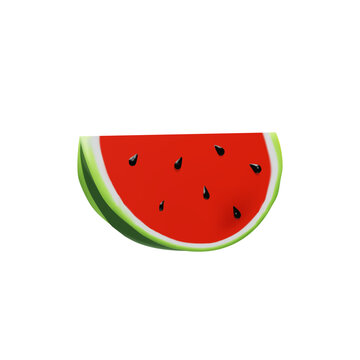 3D render big slice of watermelon. Realistic healthy berry. Vector illustration in clay style. Sweet ripe organic food for vegetarian. Juicy fresh snack in summer season. Tasty organic nutrition part