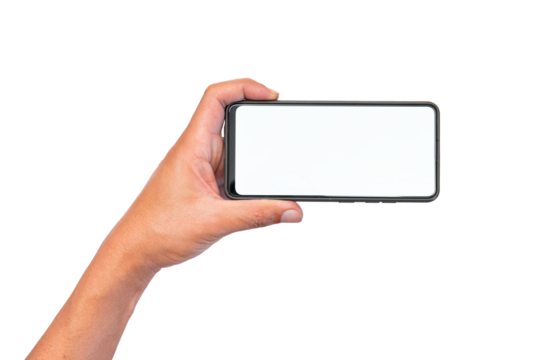 Man's left hand holds smartphone horizontally. Blank screen for additional user interface. Isolated image.