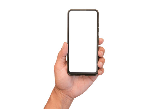 Man's left hand holds a mobile phone near the bottom. Blank screen for additional user interface. Isolated image.