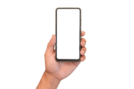 Man's left hand holds a mobile phone near the bottom. Blank screen for additional user interface. Isolated image.