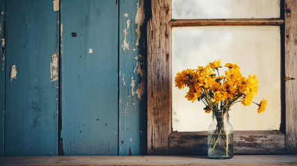 vase with flowers on retro house near window