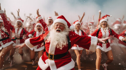 Happy  Santa Clause dancing with happy women outdoor snowing background Merry Christmas Party.