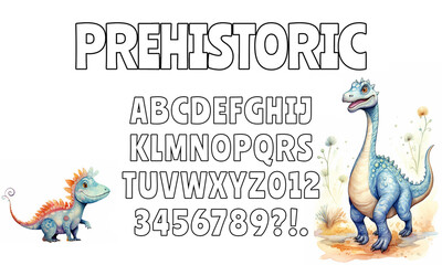 Prehistoric contour line alphabet, dinosaur font with capital letters and numbers isolated on white background, cartoon style abc  - obrazy, fototapety, plakaty