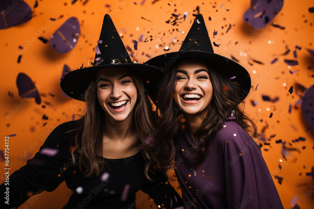Wall mural young women in halloween witch costume on orange background with flying confetti, candid - Wall murals