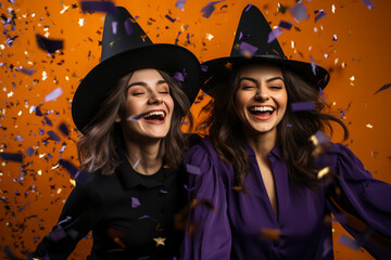 Obraz premium young women in Halloween witch costume on orange background with flying confetti, candid