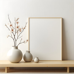 Fototapeta na wymiar Minimalistic Empty White Wall Decor with Plant and Wooden Furniture