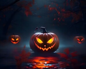 a group of jack o lantern pumpkins in the dark. Generative AI 