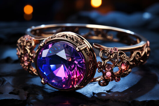 Magic ring made of precious metal with a large gemstone close-up